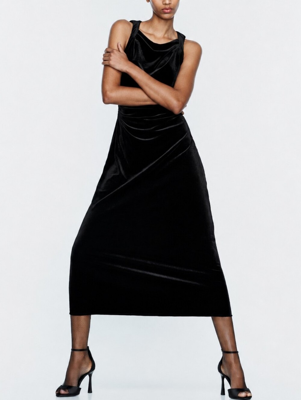 Zara Black Velvet Cowl Neck sleeveless Ruched Midi Dress XL Cocktail Party